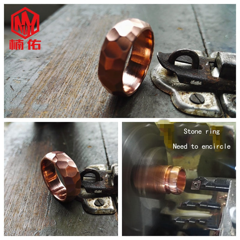 1PC Handmade Red Copper Ring Widening Thick Stone Pattern Ring Pure Copper Tail Ring EDC Tactical Self-defense Metal Tool